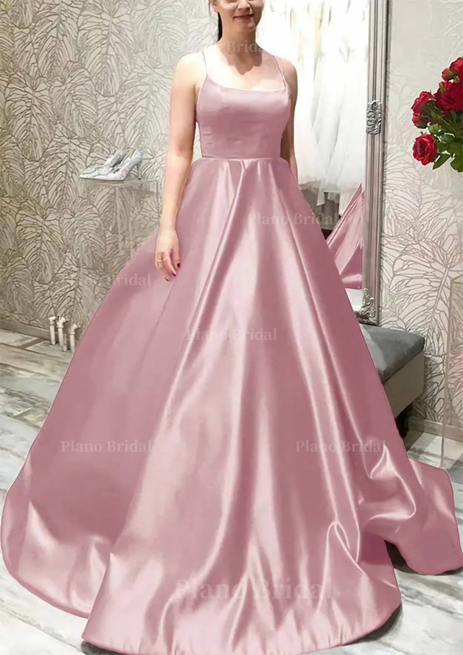 Ball Gown A-line Square Neckline Spaghetti Straps Sweep Train Satin Prom Dress With Pleated Pockets