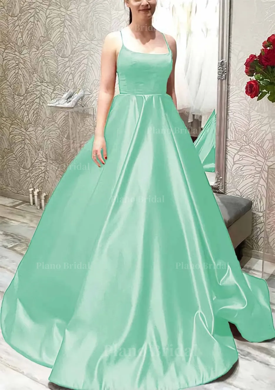 Ball Gown A-line Square Neckline Spaghetti Straps Sweep Train Satin Prom Dress With Pleated Pockets