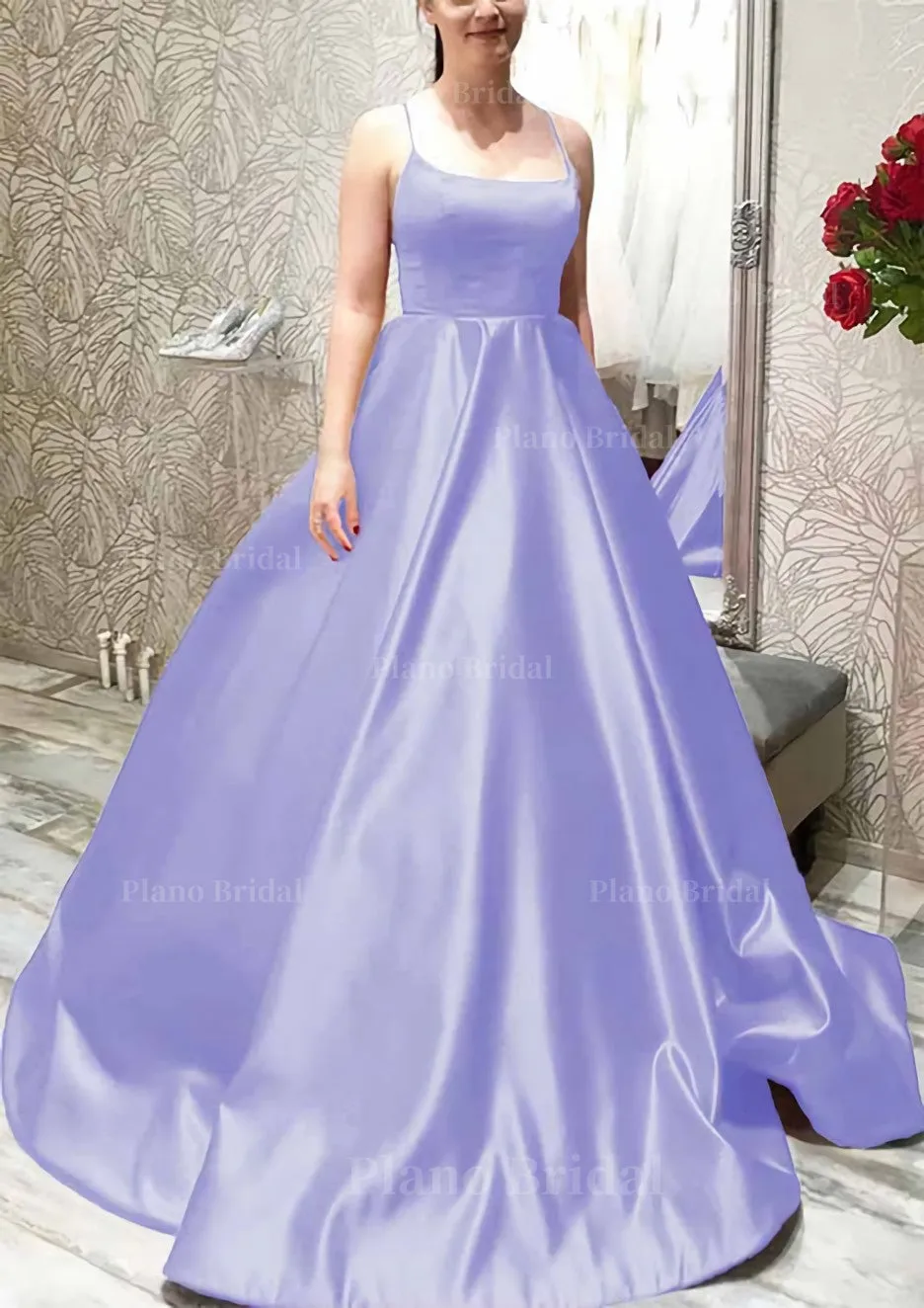 Ball Gown A-line Square Neckline Spaghetti Straps Sweep Train Satin Prom Dress With Pleated Pockets