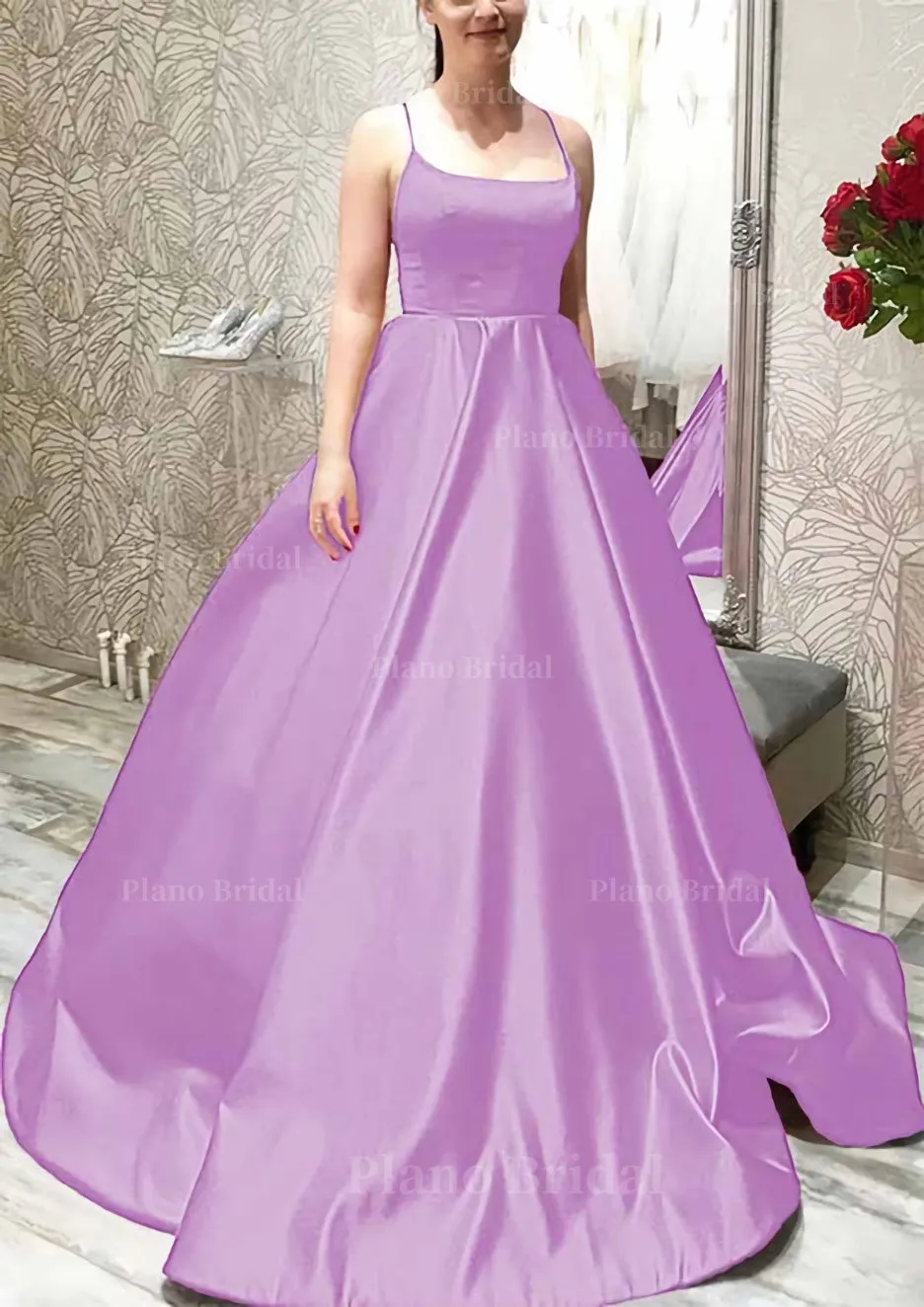 Ball Gown A-line Square Neckline Spaghetti Straps Sweep Train Satin Prom Dress With Pleated Pockets