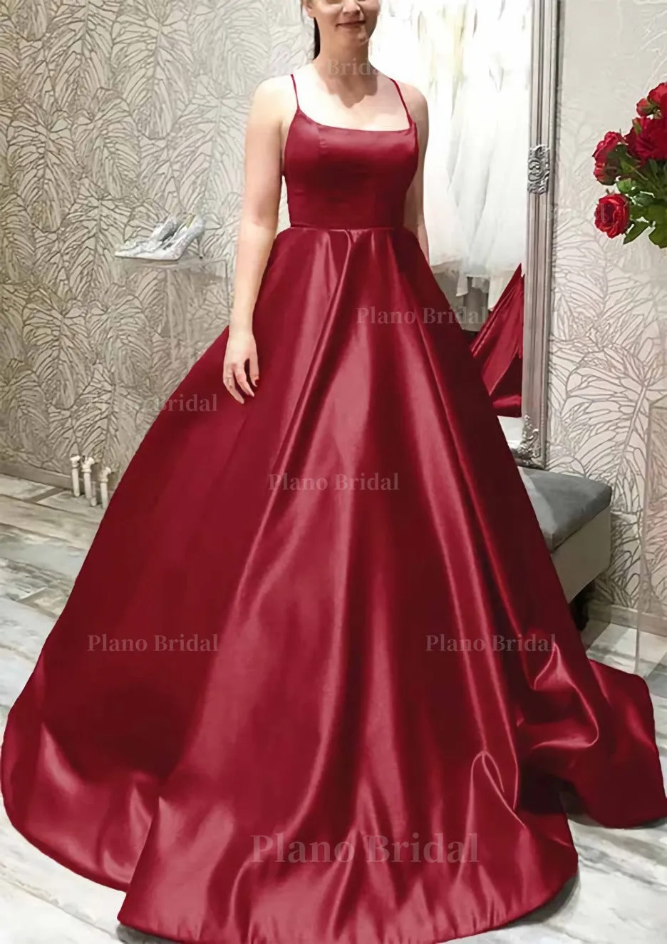 Ball Gown A-line Square Neckline Spaghetti Straps Sweep Train Satin Prom Dress With Pleated Pockets