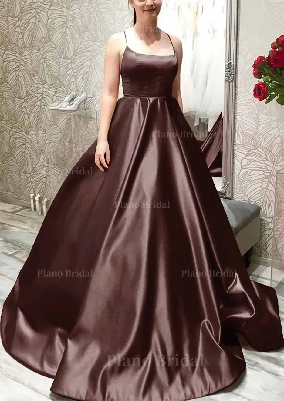 Ball Gown A-line Square Neckline Spaghetti Straps Sweep Train Satin Prom Dress With Pleated Pockets