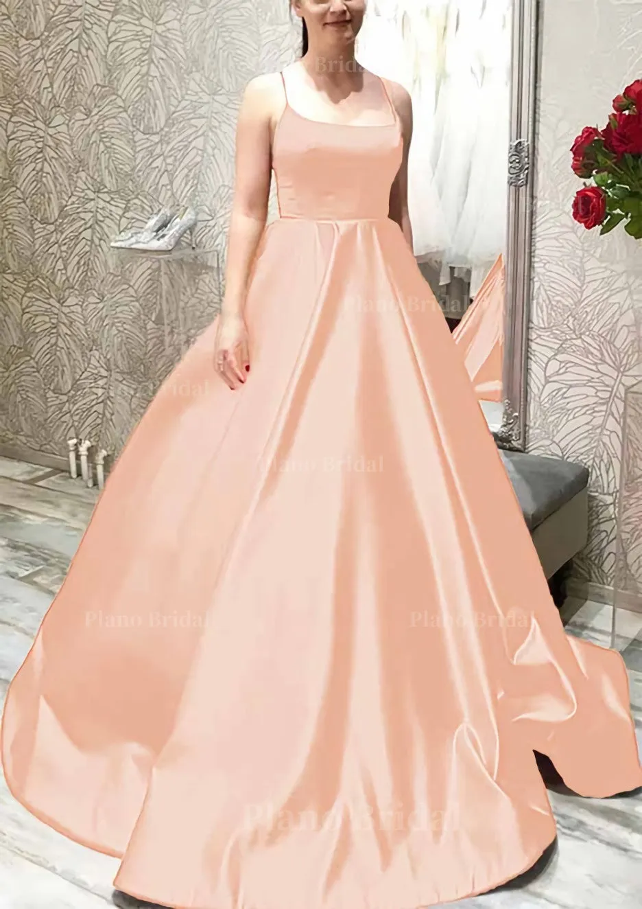 Ball Gown A-line Square Neckline Spaghetti Straps Sweep Train Satin Prom Dress With Pleated Pockets