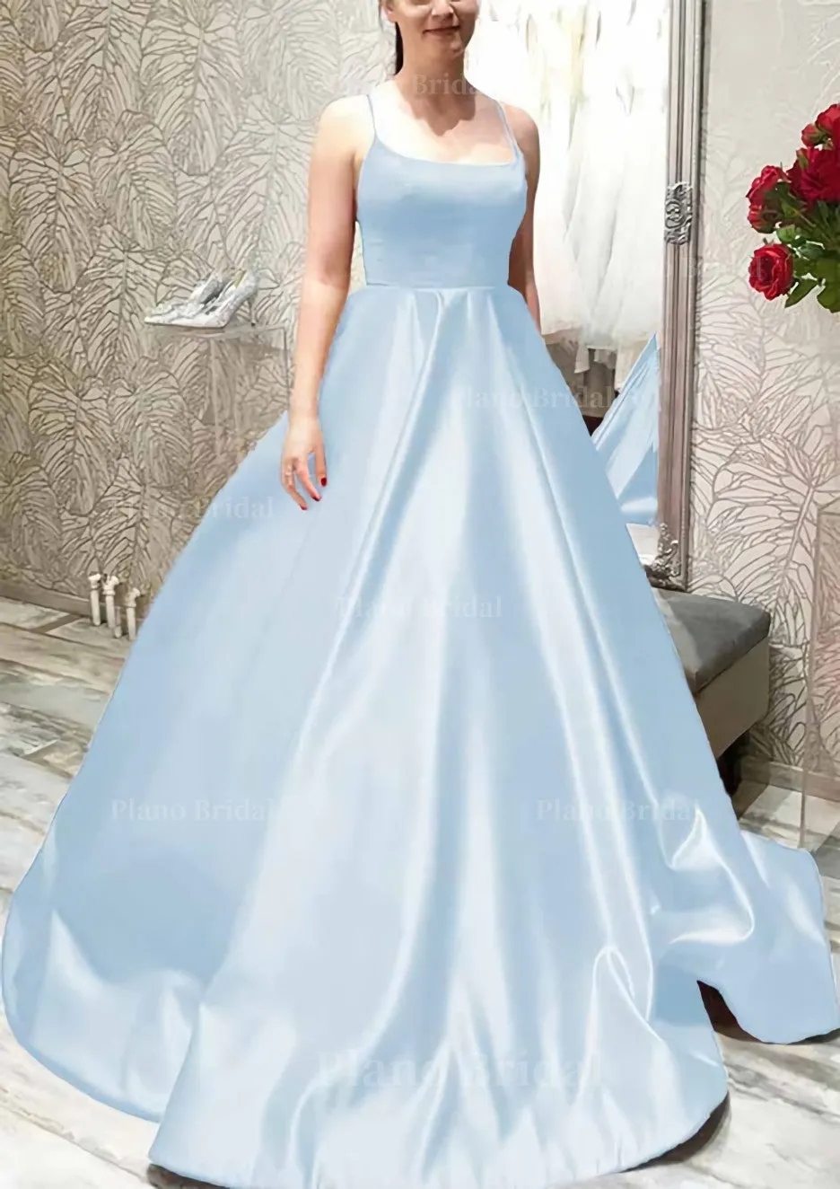 Ball Gown A-line Square Neckline Spaghetti Straps Sweep Train Satin Prom Dress With Pleated Pockets