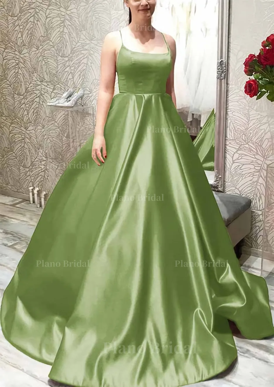 Ball Gown A-line Square Neckline Spaghetti Straps Sweep Train Satin Prom Dress With Pleated Pockets