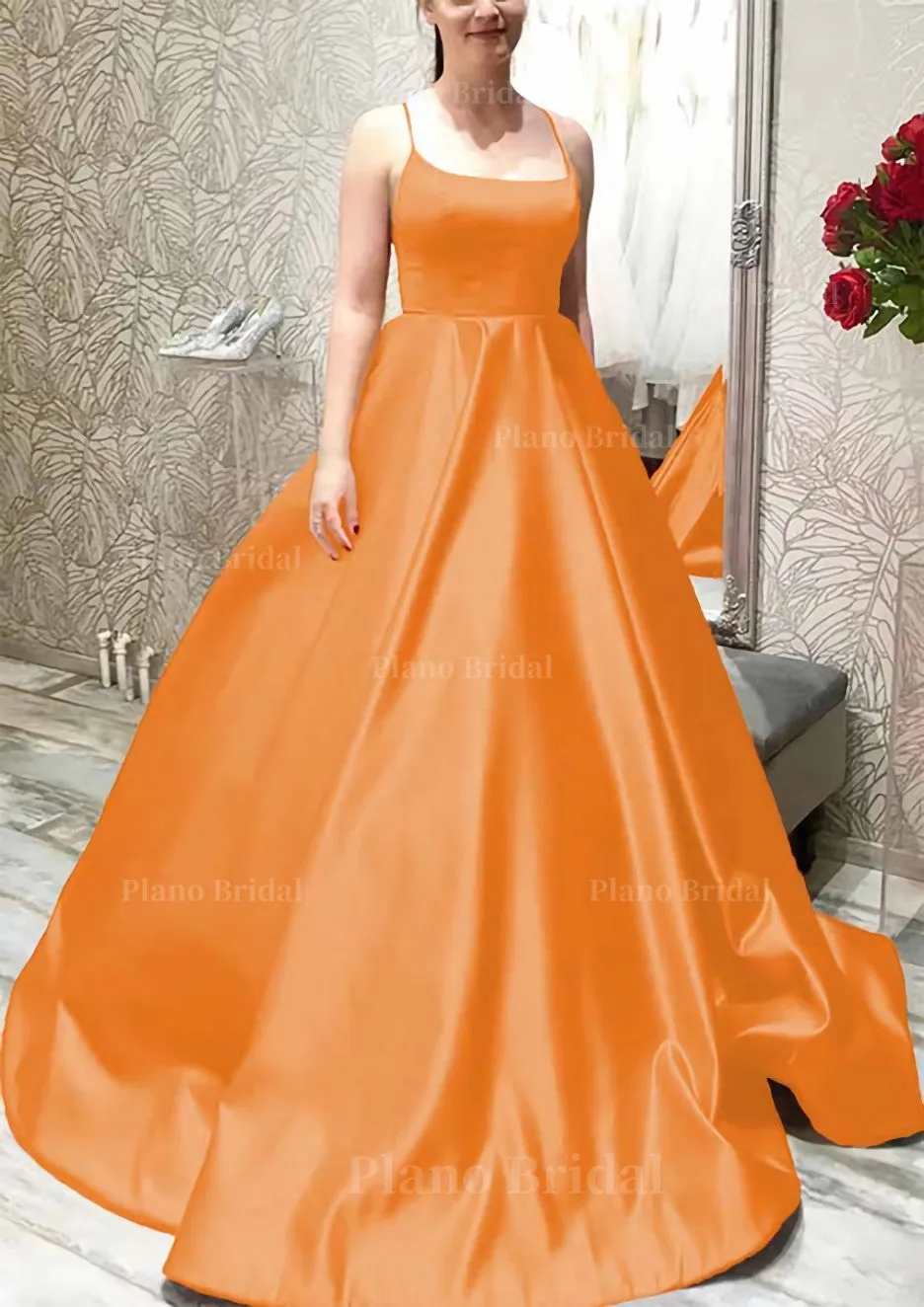 Ball Gown A-line Square Neckline Spaghetti Straps Sweep Train Satin Prom Dress With Pleated Pockets