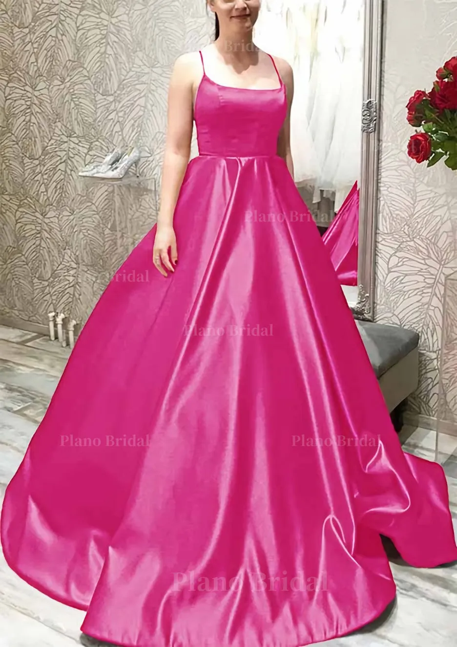 Ball Gown A-line Square Neckline Spaghetti Straps Sweep Train Satin Prom Dress With Pleated Pockets