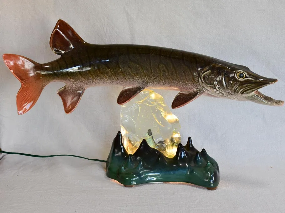 Barbotine table lamp in the shape of a pike fish 24¾"