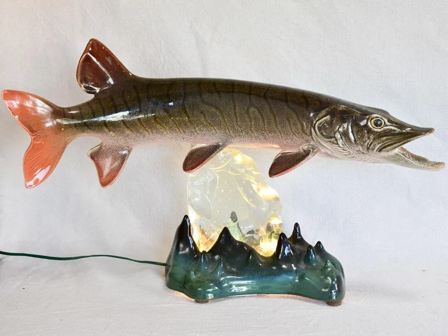 Barbotine table lamp in the shape of a pike fish 24¾"