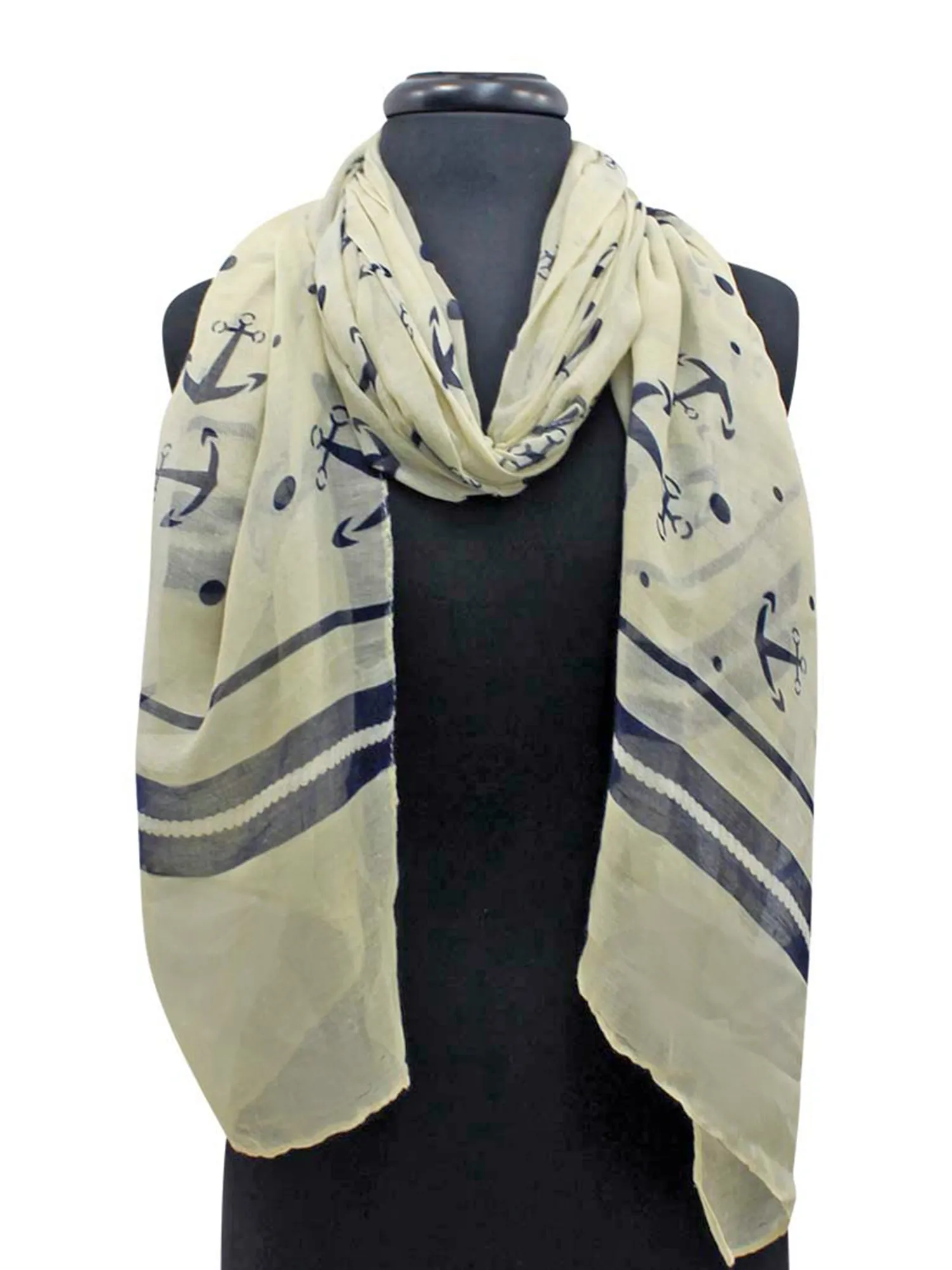 Beige & Navy Blue Anchor Print Lightweight Scarf Shawl