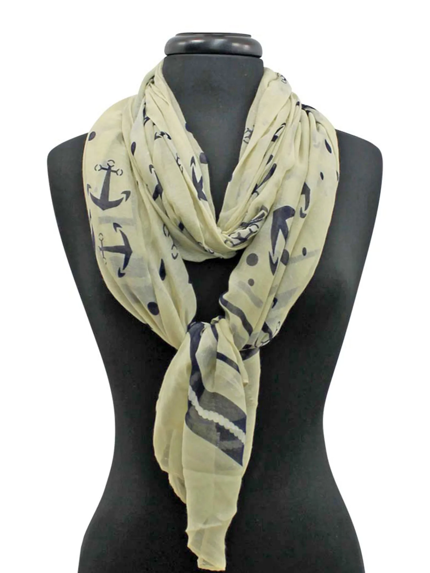 Beige & Navy Blue Anchor Print Lightweight Scarf Shawl