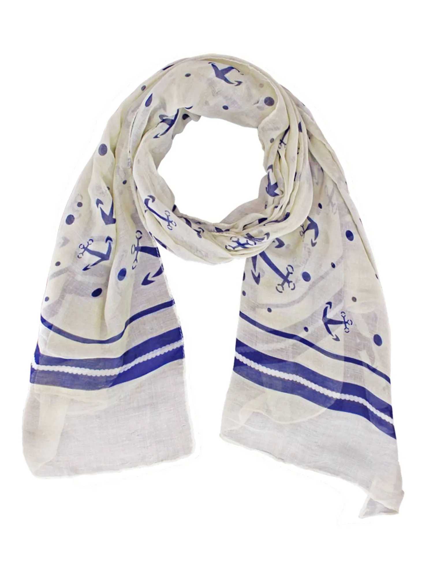 Beige & Navy Blue Anchor Print Lightweight Scarf Shawl