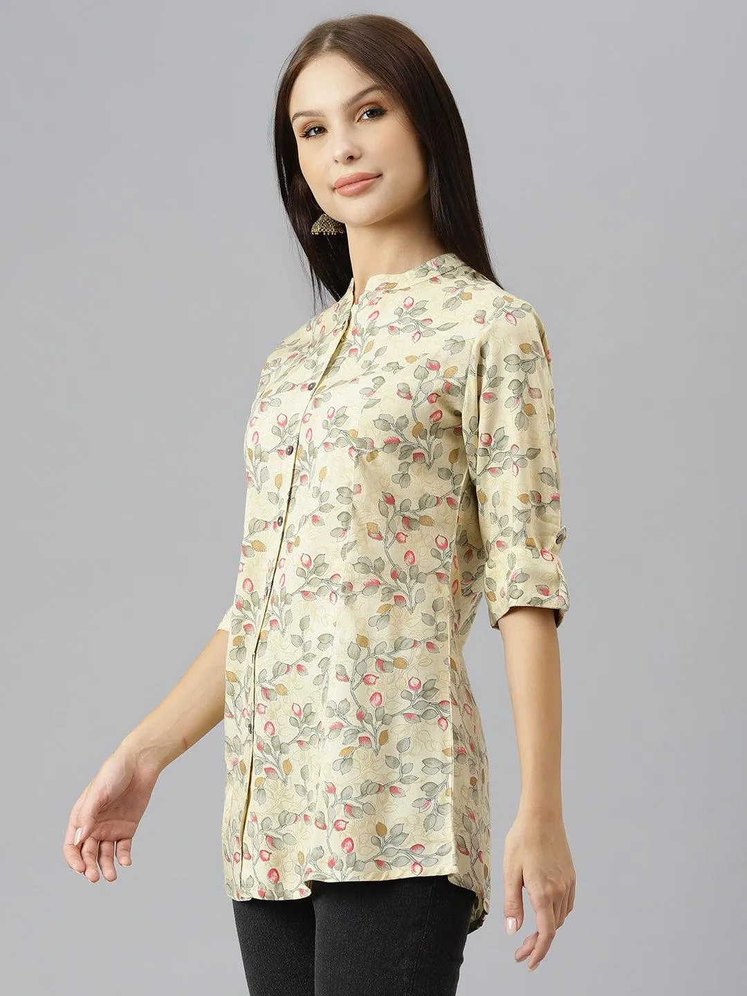 Beige Floral Rayon A-Line Shirts Style Top