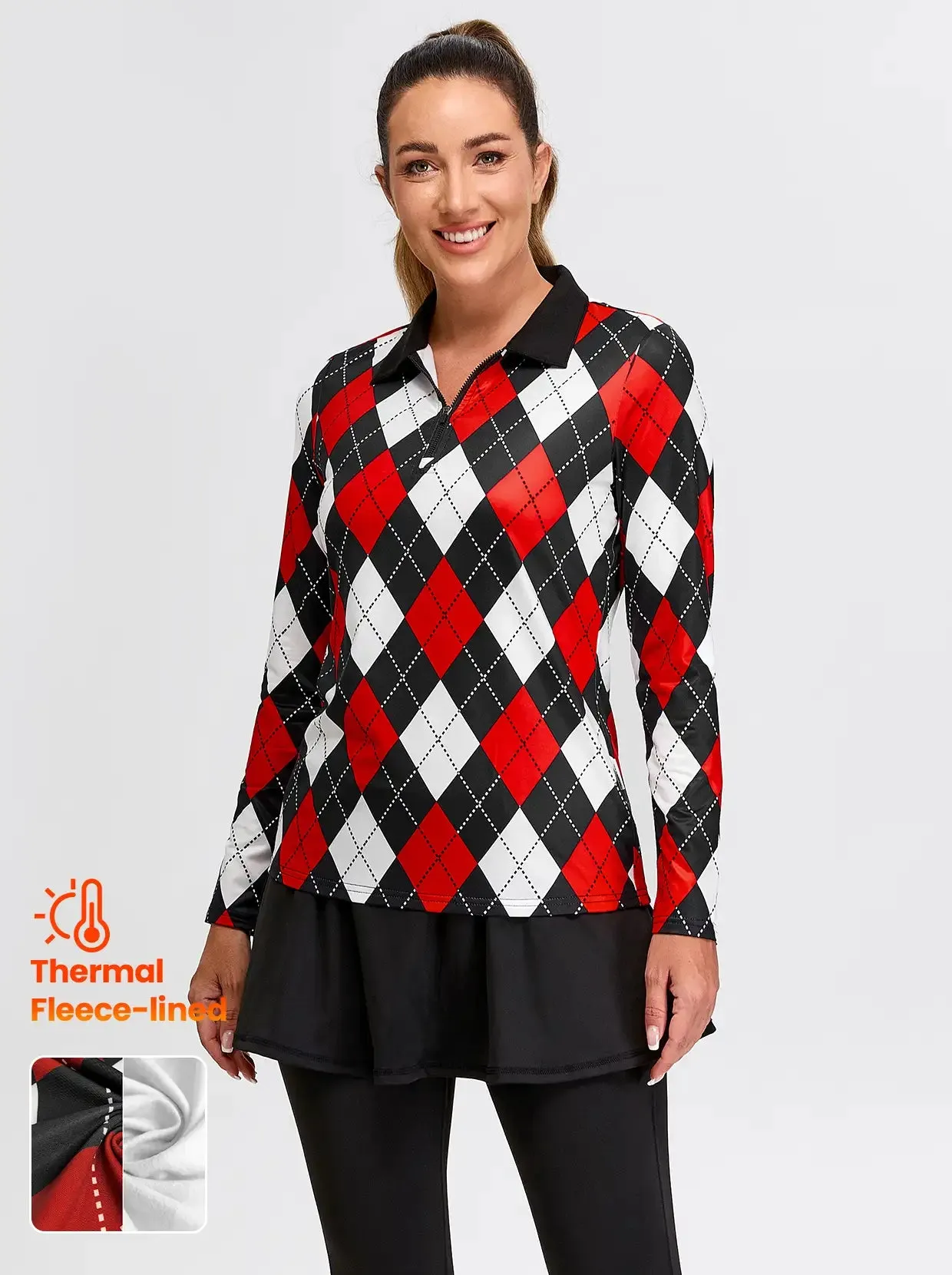 Black and Red Checkerboard Quarter-zip Long-sleeve Fleece Top for Women