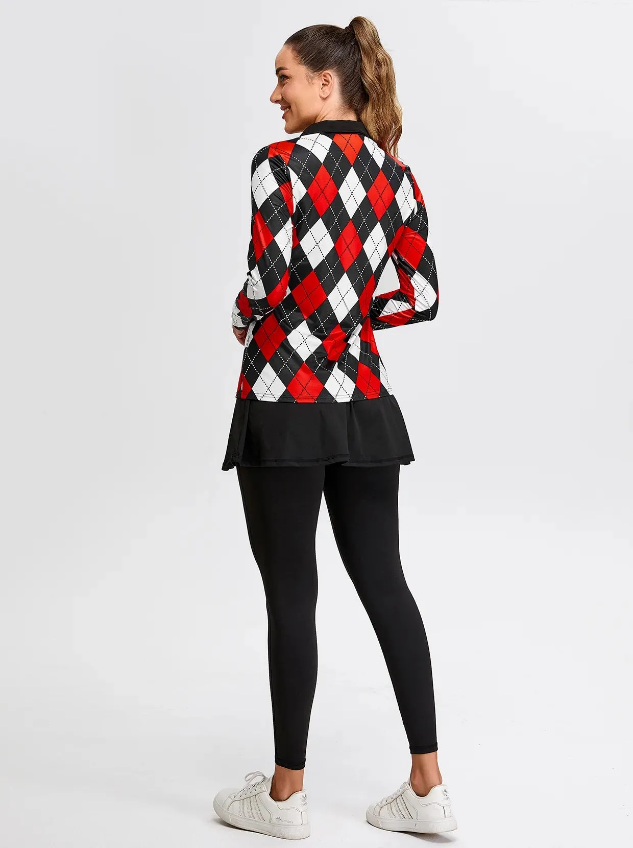 Black and Red Checkerboard Quarter-zip Long-sleeve Fleece Top for Women