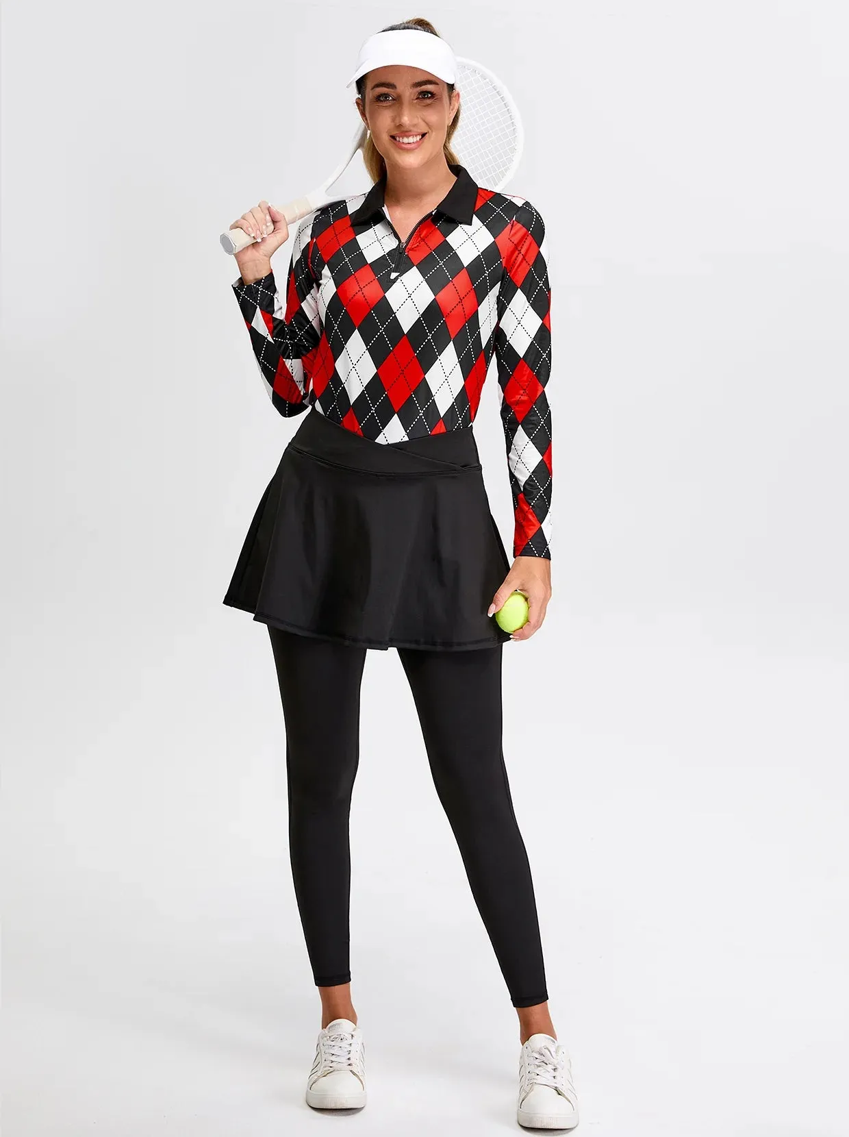 Black and Red Checkerboard Quarter-zip Long-sleeve Fleece Top for Women