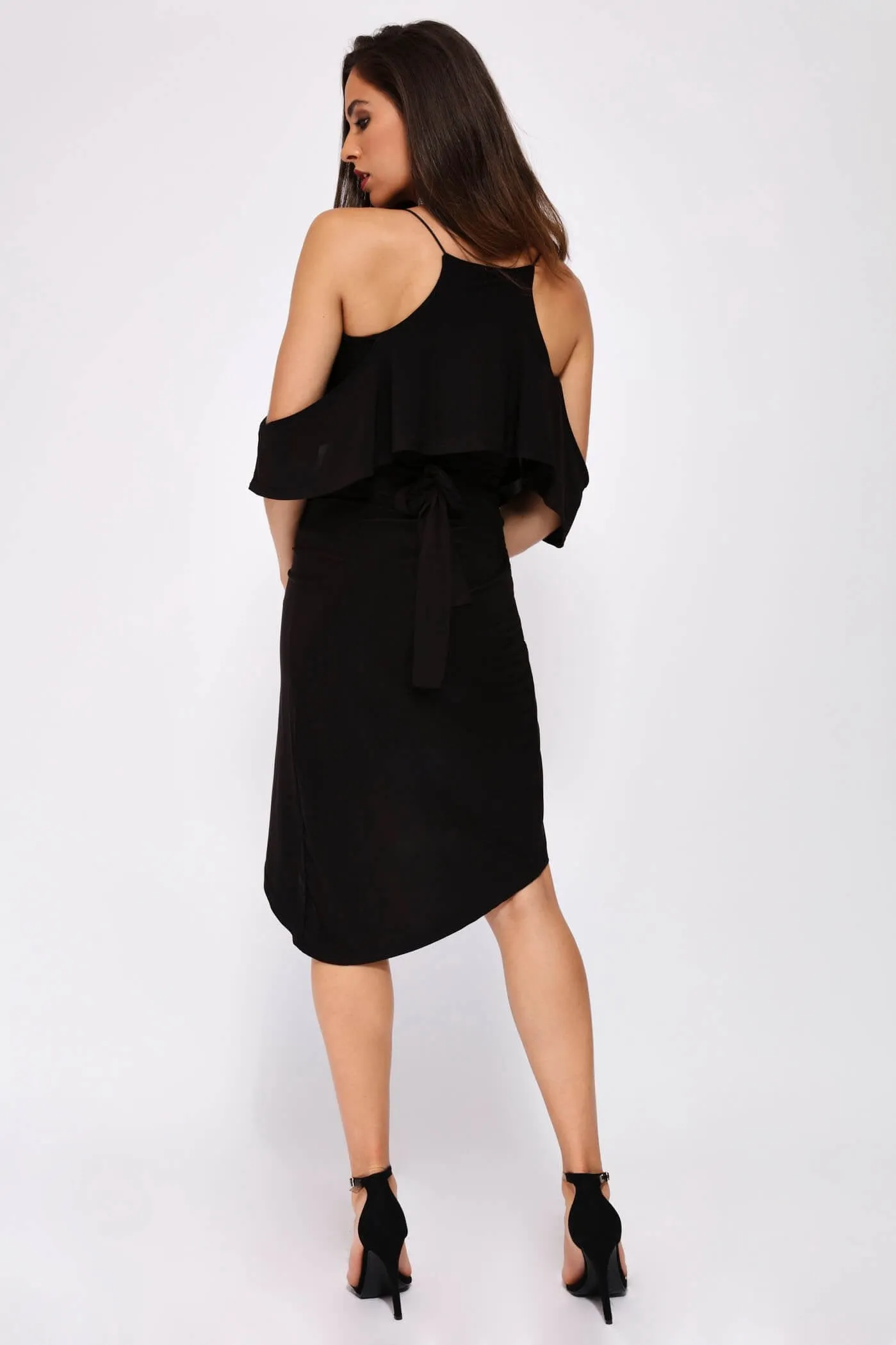 Black Cold Shoulder Mini Frill Wrap Dress