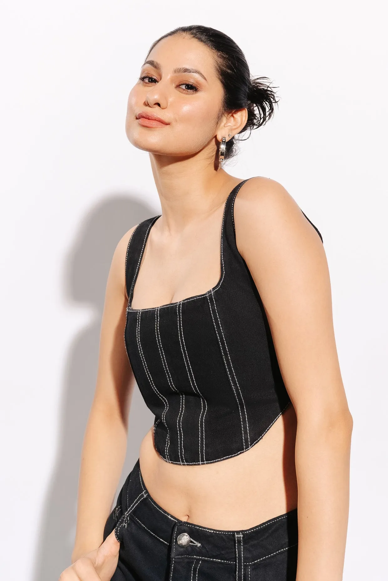 Black Contrast Stitch Corset Top