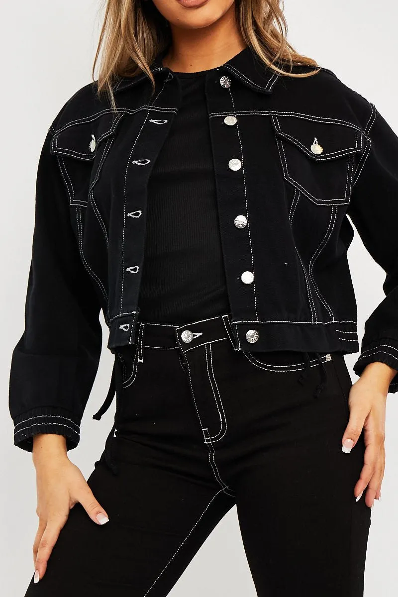 Black Contrast Stitch Elasticated Hem Denim Jacket - Danalee