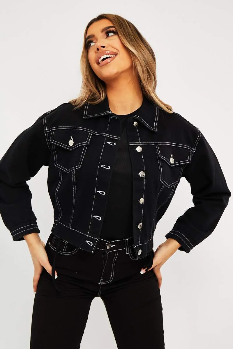 Black Contrast Stitch Elasticated Hem Denim Jacket - Danalee