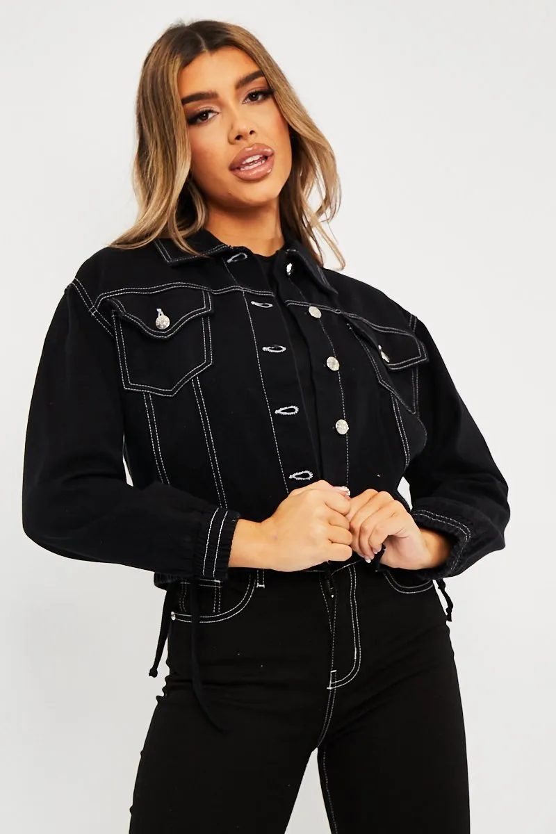 Black Contrast Stitch Elasticated Hem Denim Jacket - Danalee