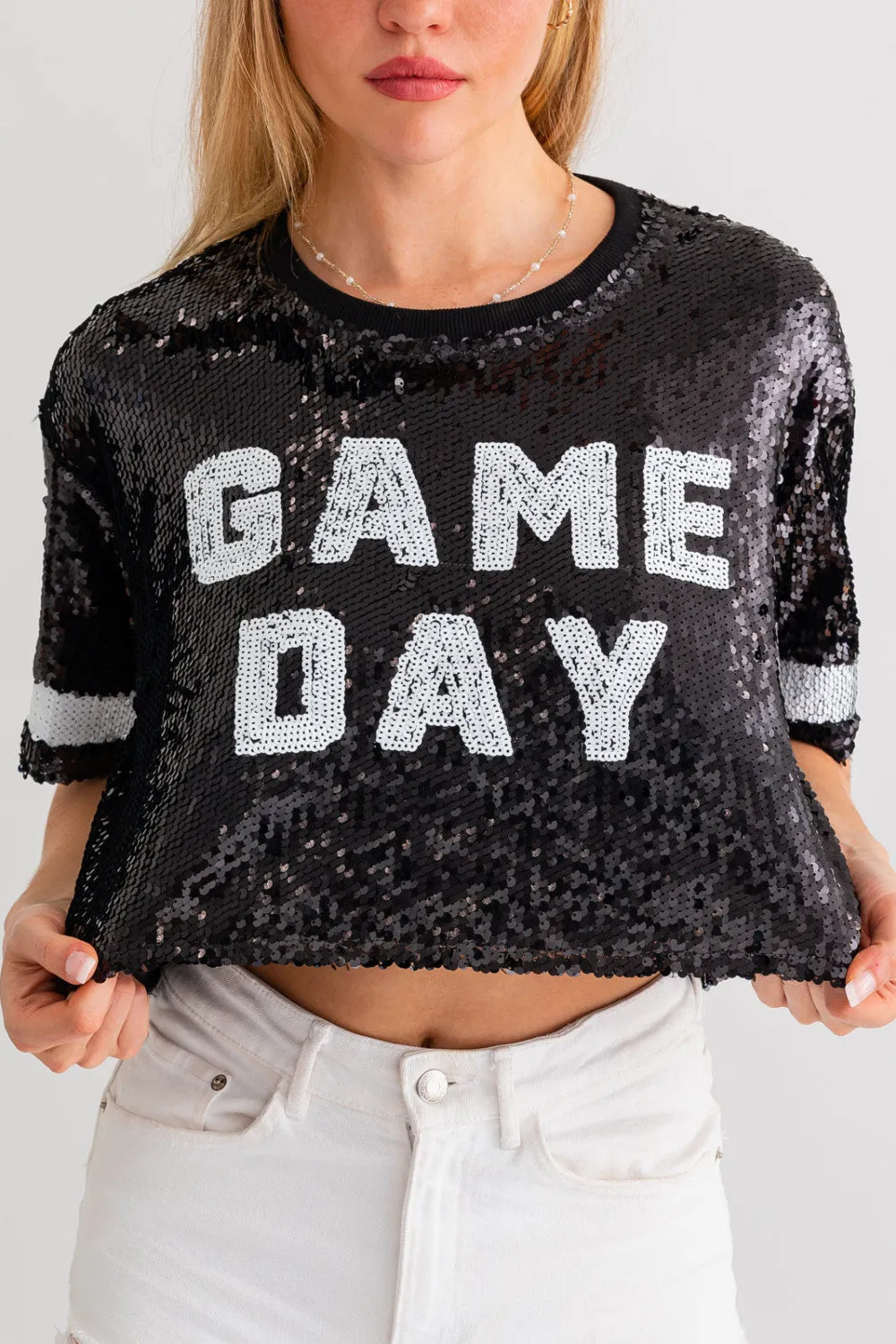 black game day sequin crop