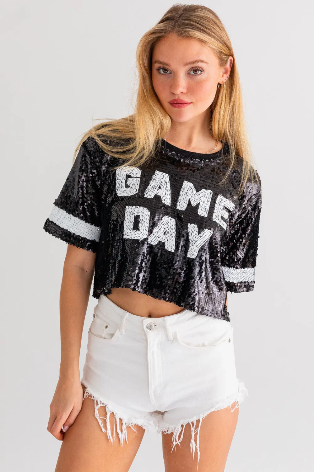 black game day sequin crop