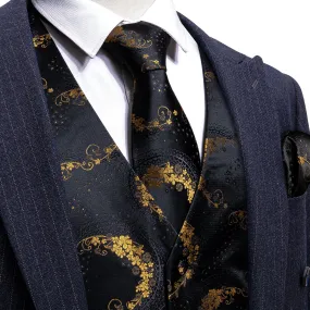 Black Golden Floral Jacquard Silk Men's Vest Hanky Cufflinks Tie Set