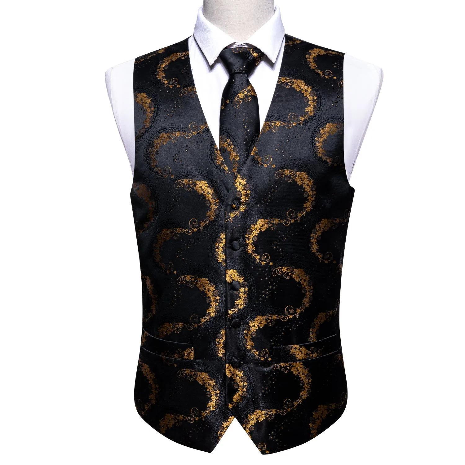 Black Golden Floral Jacquard Silk Men's Vest Hanky Cufflinks Tie Set