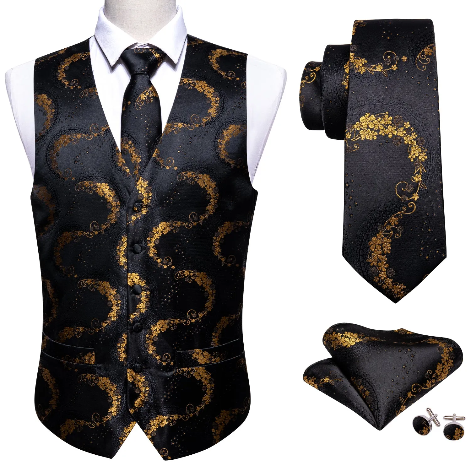 Black Golden Floral Jacquard Silk Men's Vest Hanky Cufflinks Tie Set