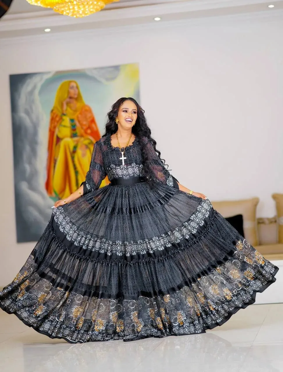 Black Modern Design Habesha Chiffon: with Silver and Golden Patterns Ethiopian Made Chiffon Dress