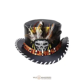 Black Tribal Skull Leather Motorcycle Top Hat