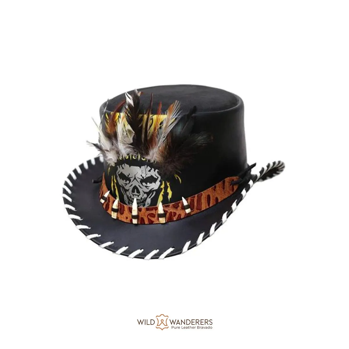 Black Tribal Skull Leather Motorcycle Top Hat