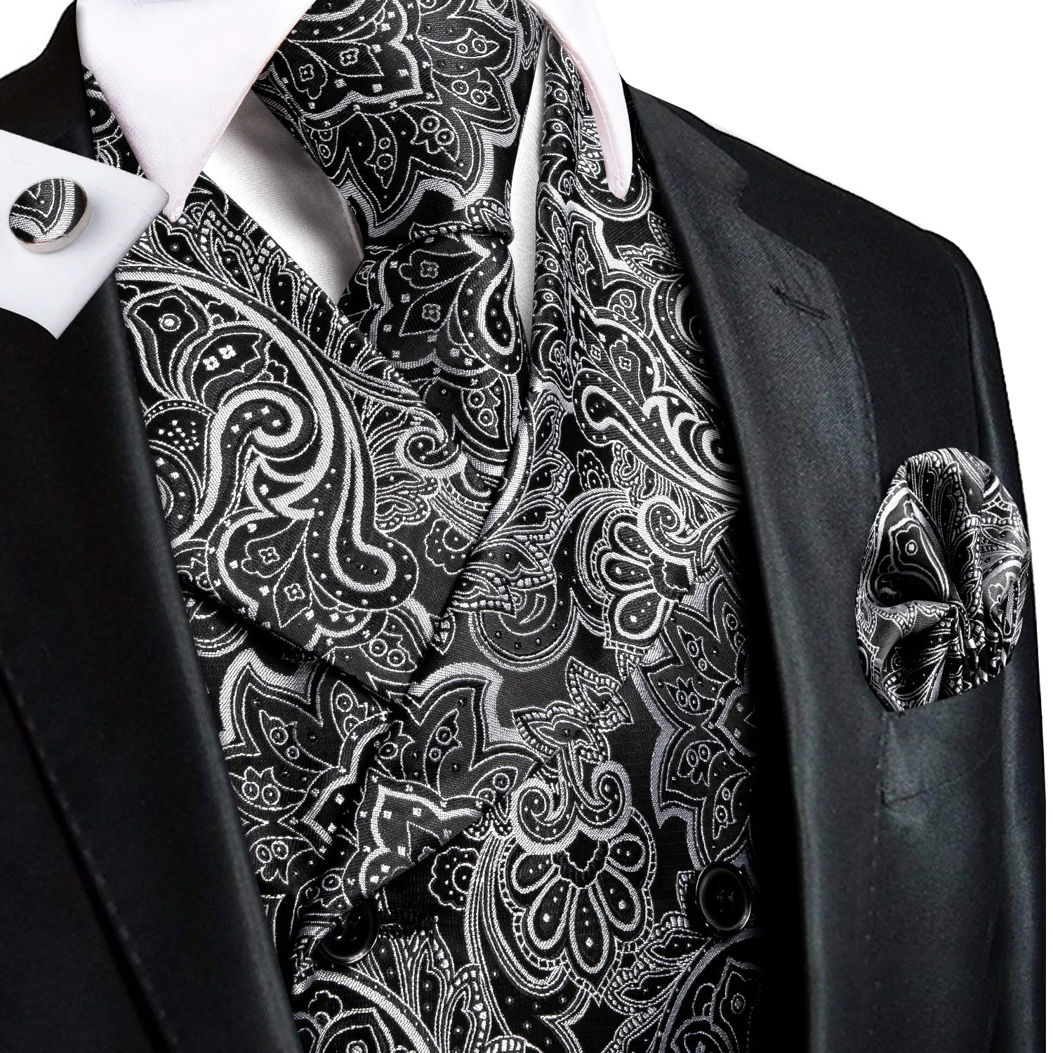 Black White Paisley Silk Men's Vest Hanky Cufflinks Tie Set Waistcoat Suit Set