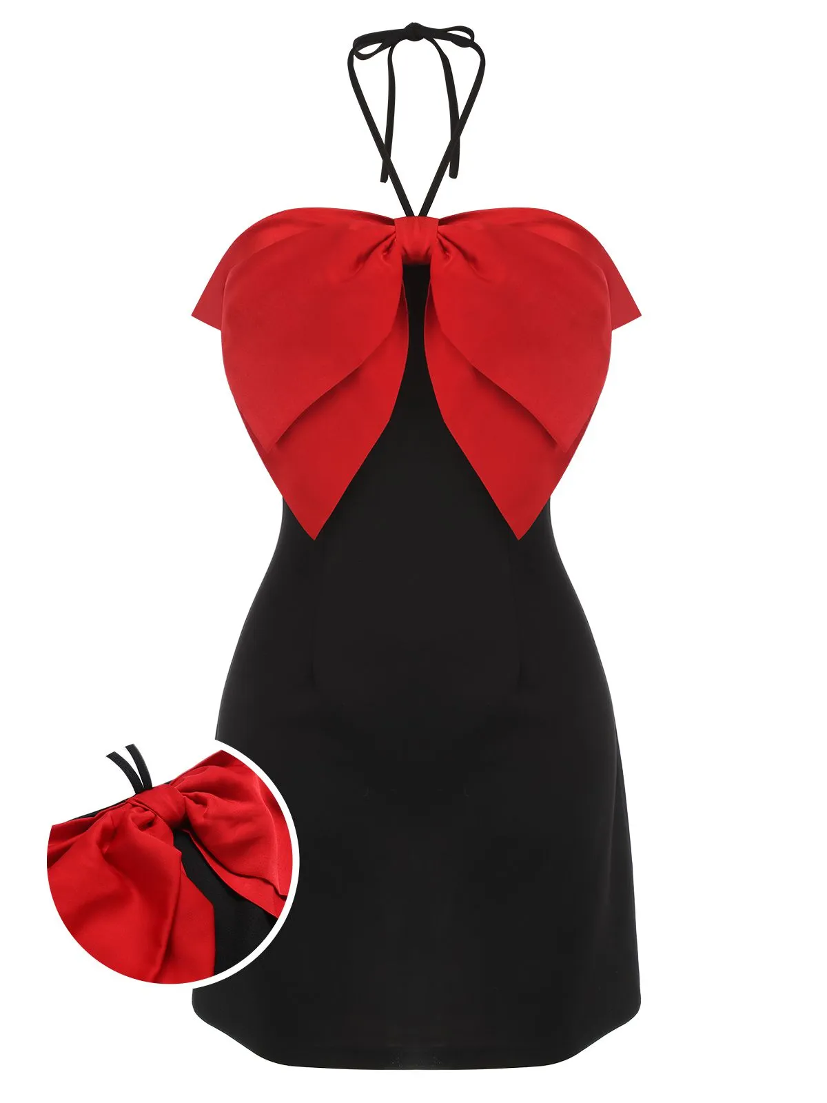 Black&Red 1960s Bow-knot Patchwork Wrap Dress