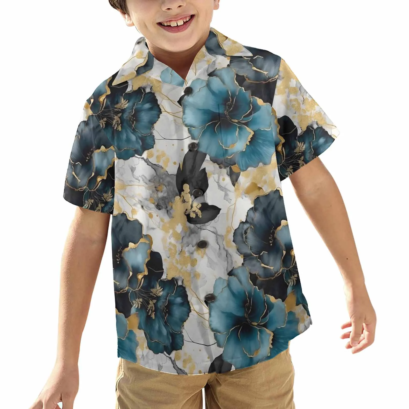 Blue & Gold Ink Floral  Little Boys Hawaiian Shirt