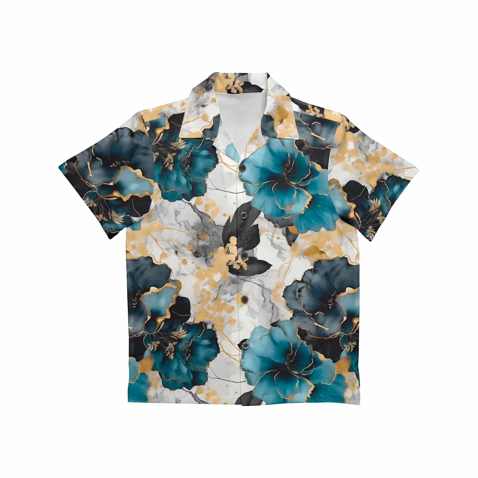 Blue & Gold Ink Floral  Little Boys Hawaiian Shirt