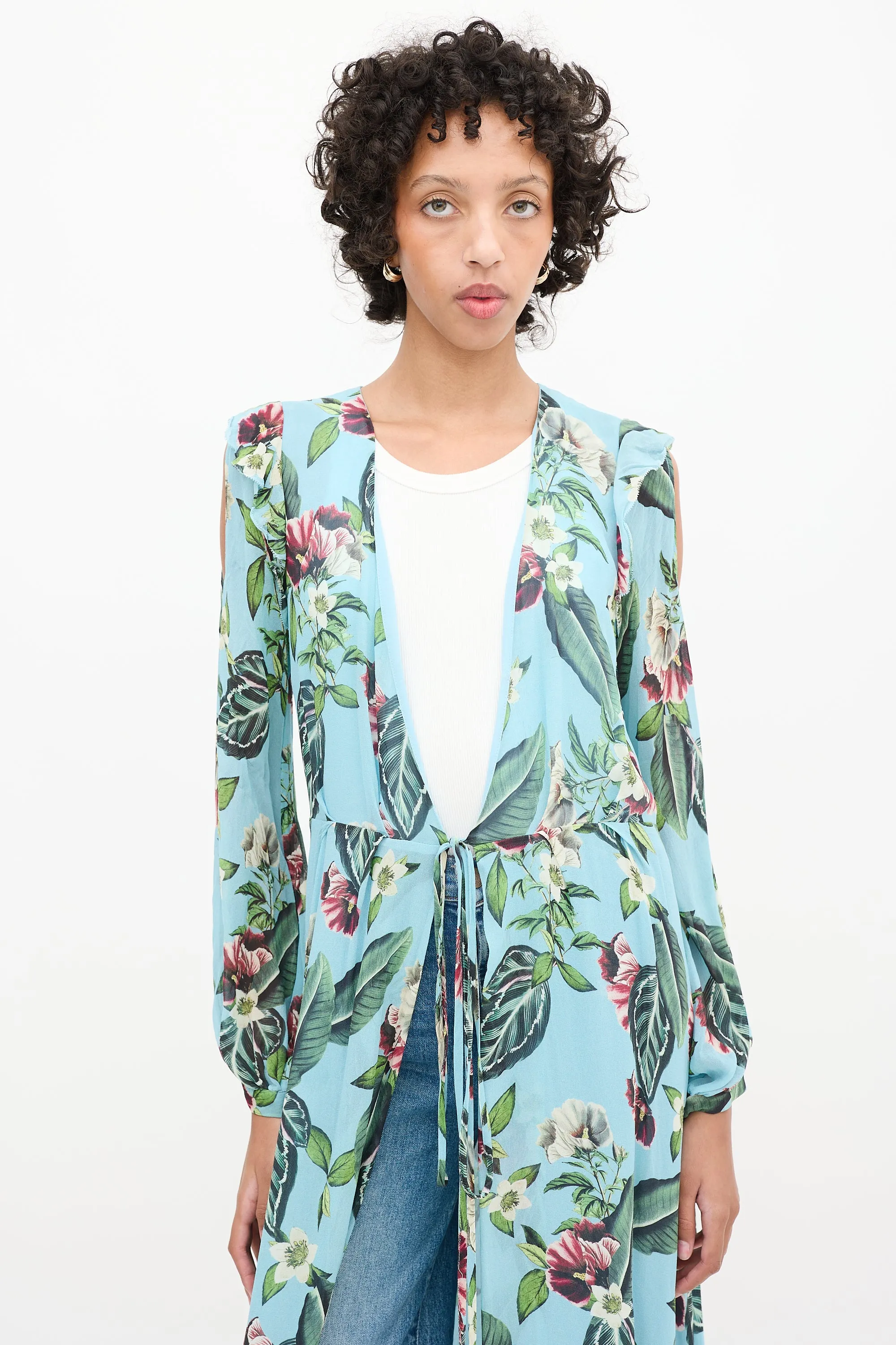 Blue & Multicolour Floral Cold Shoulder Wrap Dress