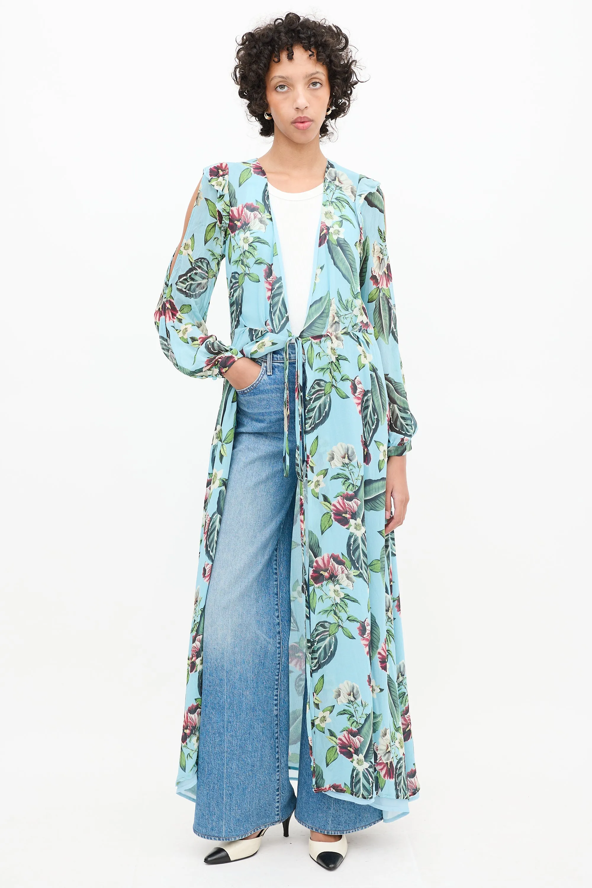 Blue & Multicolour Floral Cold Shoulder Wrap Dress