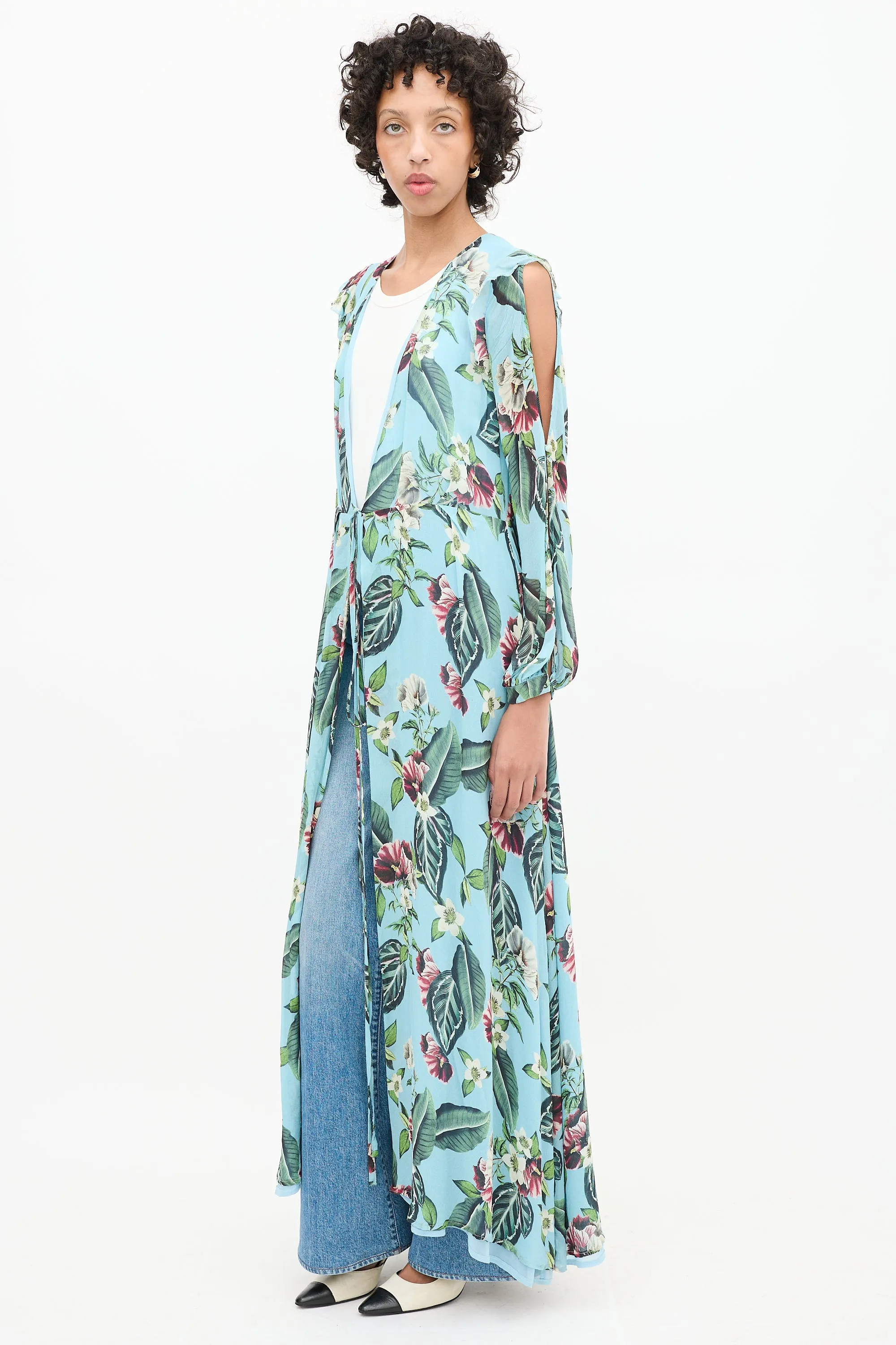 Blue & Multicolour Floral Cold Shoulder Wrap Dress