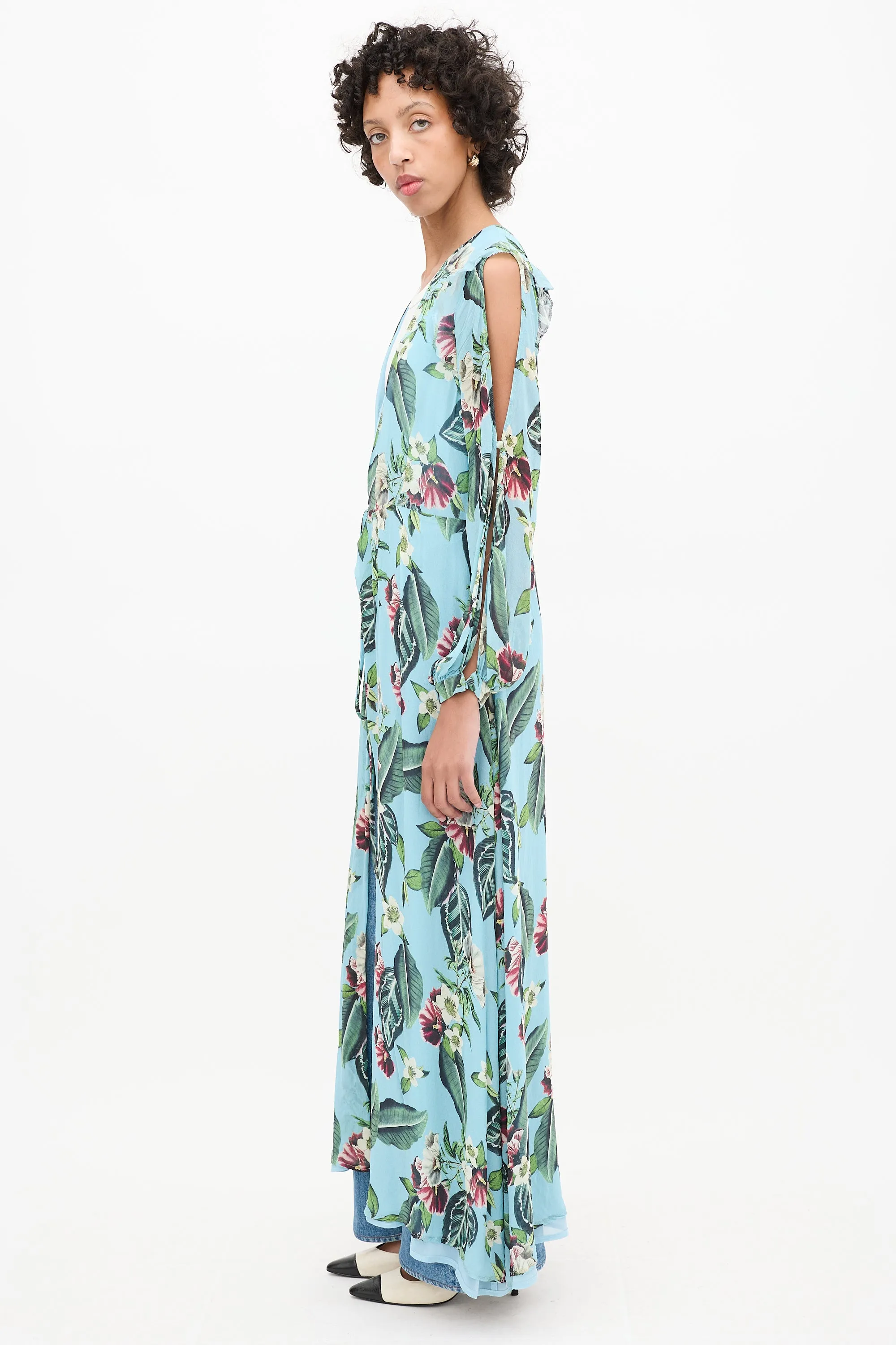 Blue & Multicolour Floral Cold Shoulder Wrap Dress