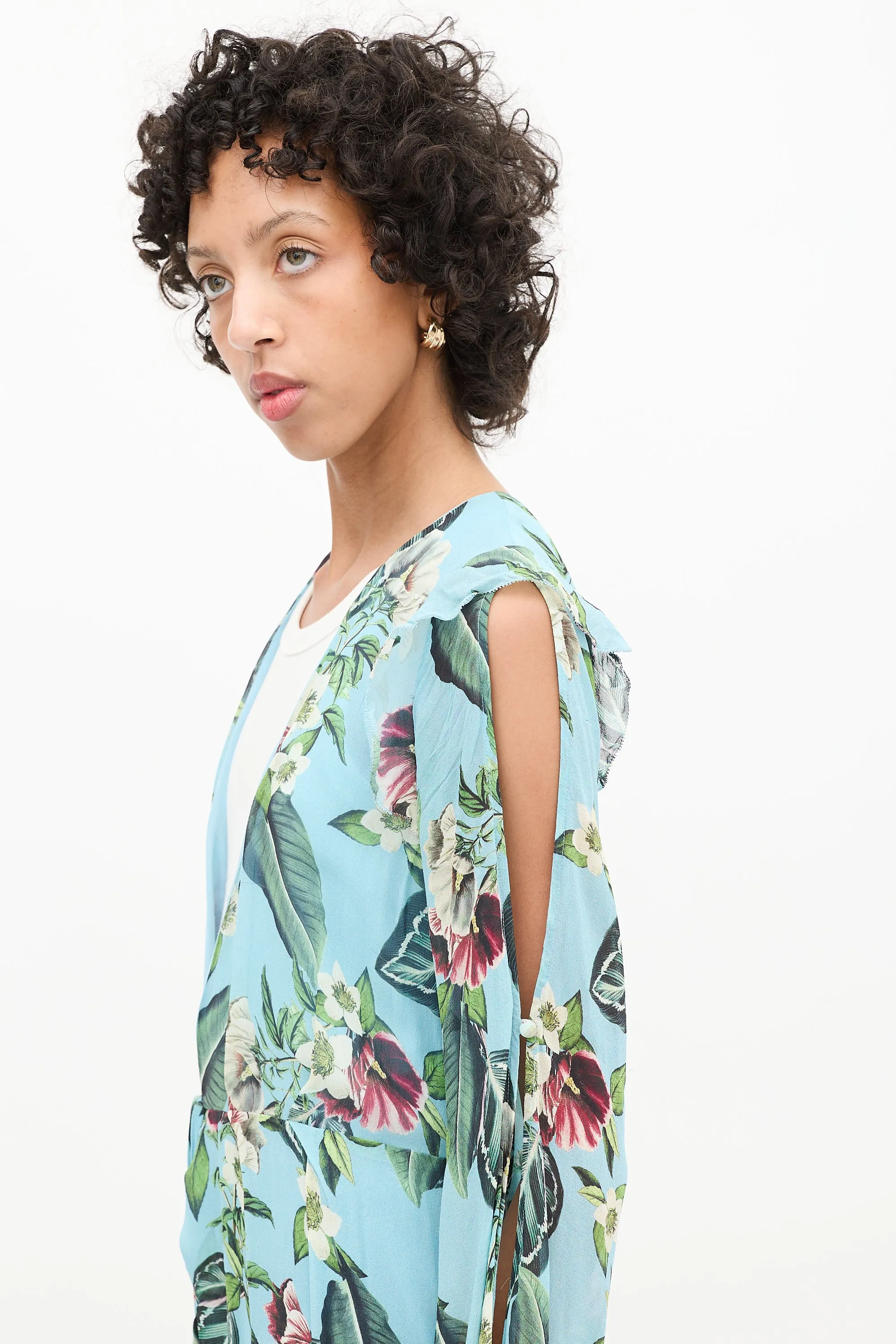 Blue & Multicolour Floral Cold Shoulder Wrap Dress