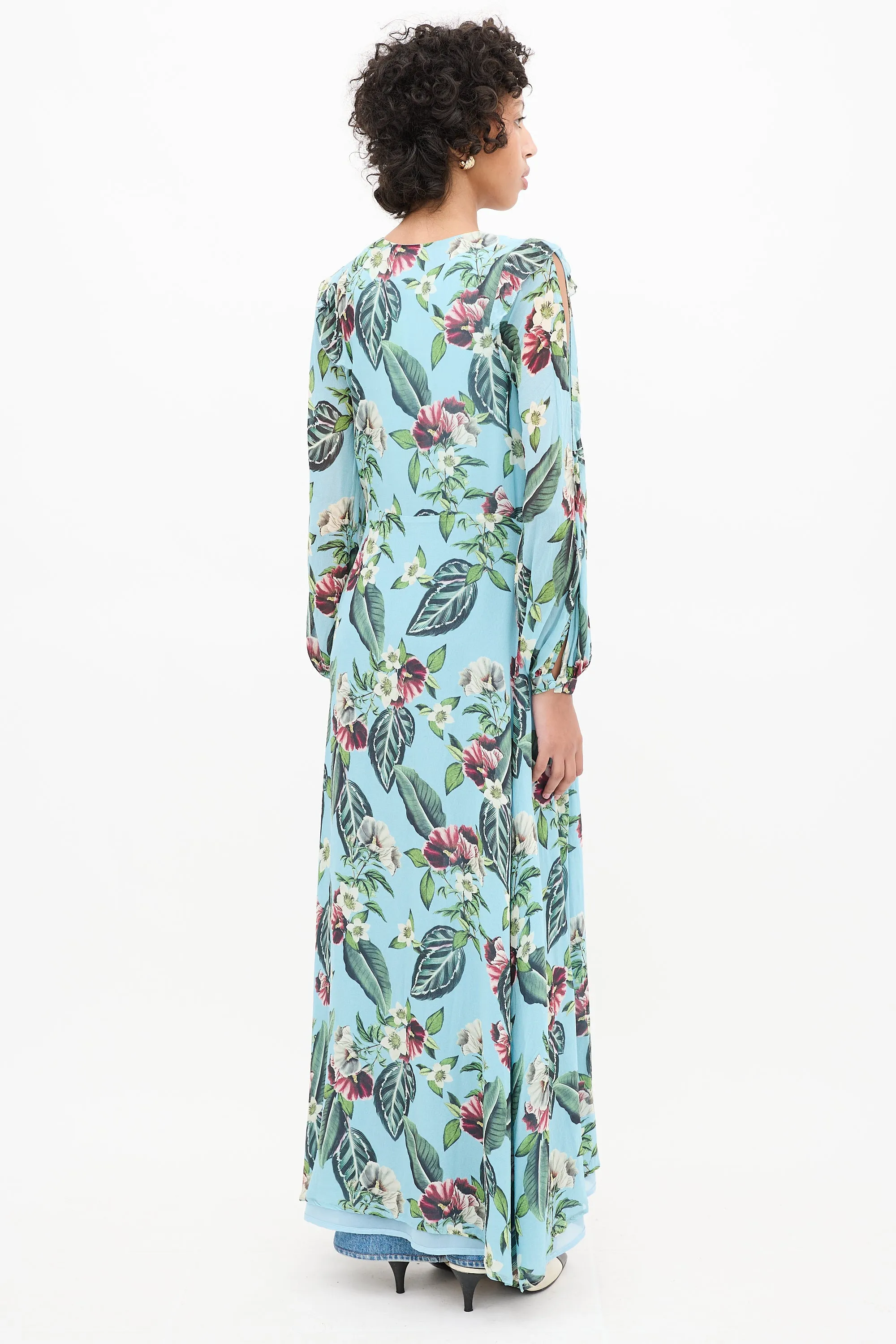 Blue & Multicolour Floral Cold Shoulder Wrap Dress