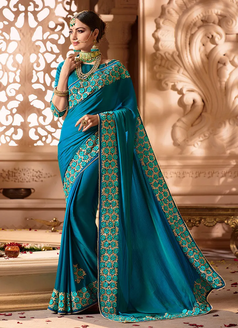 Blue Overall Traditional Zari Embroidered Designer Silk Saree