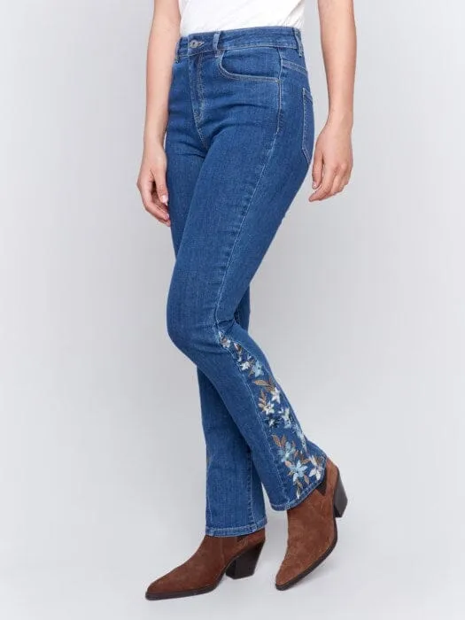 BOOTCUT JEANS WITH SIDE FLORAL EMBROIDERY