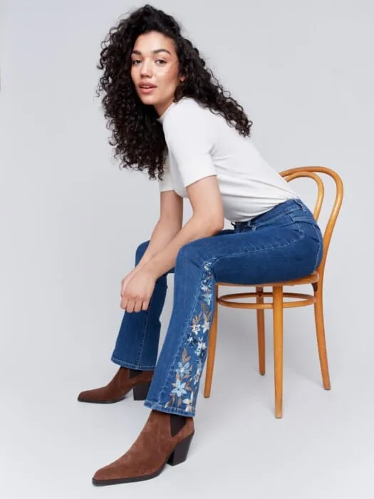 BOOTCUT JEANS WITH SIDE FLORAL EMBROIDERY