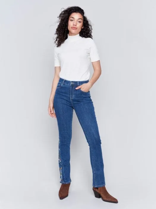 BOOTCUT JEANS WITH SIDE FLORAL EMBROIDERY