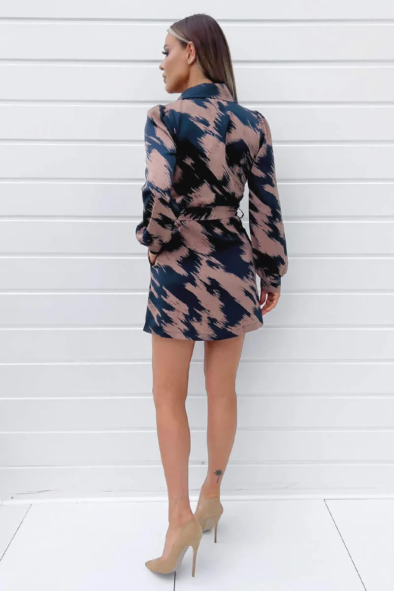 Brown and Navy Printed Long Sleeve Wrap Mini Dress