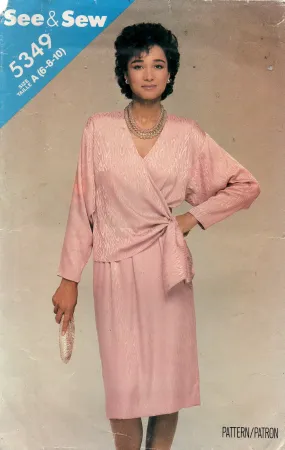 Butterick See & Sew 5349 Womens Mock Wrap Pullover Dress 1980s Vintage Sewing Pattern Size 6 - 10 UNCUT Factory Folds