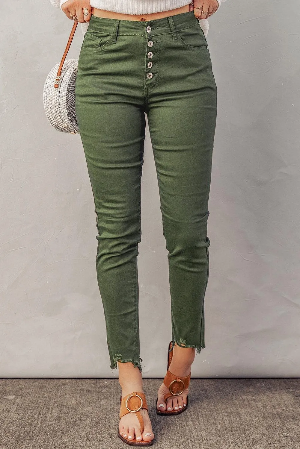 Button Fly Hem Detail Skinny Jeans